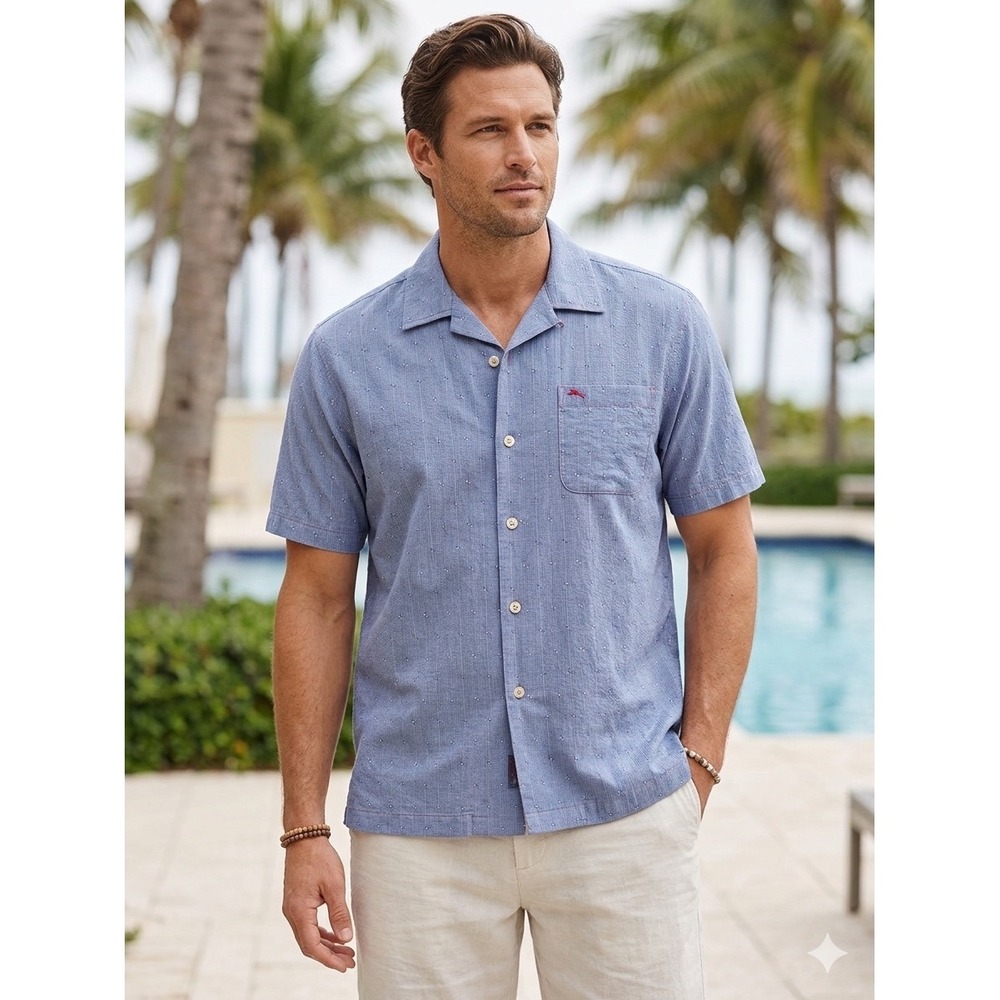 Tommy Bahama Mens Blue Silk Blend Dobby Camp Shirt Short Sleeve T316454 XL